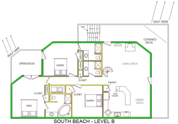 A level B layout view of Sand 'N Sea's beachside house vacation rental in Galveston named South Beach